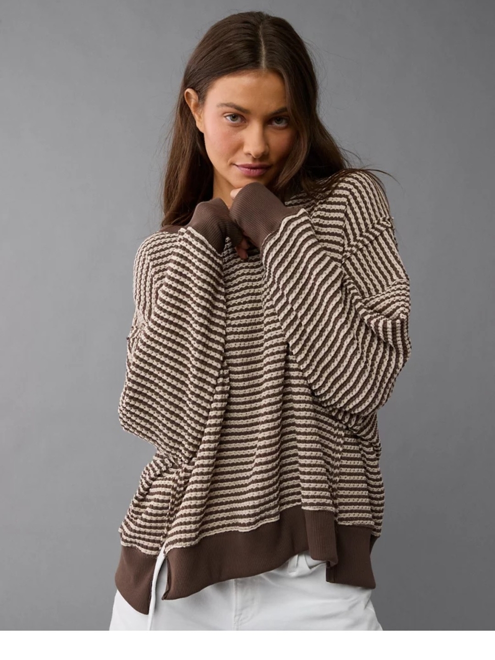 American Eagle Outfitters Brown & Cream Striped Scoop-Neck Sweater